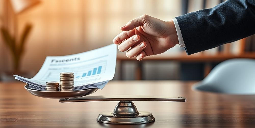 A symbolic image of a balanced scale: one side showing a pile of coins and financial reports, the other side an outstretched hand of an advisor shaking hands with a client, representing partnership and trust in financial decision-making.