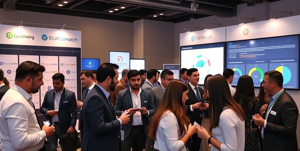 A modern business networking event featuring Persian financial professionals and accountants interacting, exchanging business cards, and discussing accounting software. Background banners display branded logos, and digital dashboards with client segmentation diagrams are visible.