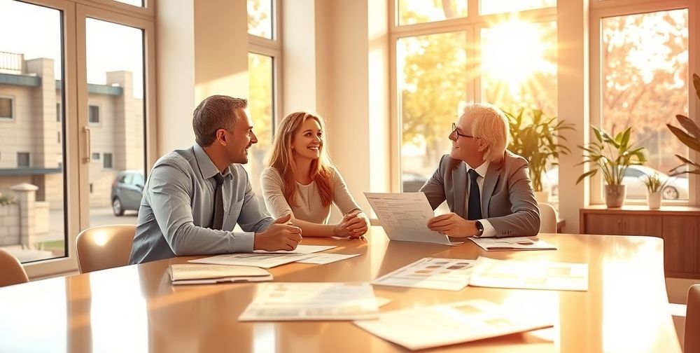 A bright, inviting office space showing a young couple talking to a professional insurance consultant, brochures and charts about life insurance on the table, sunlit windows, and a sense of reassurance.