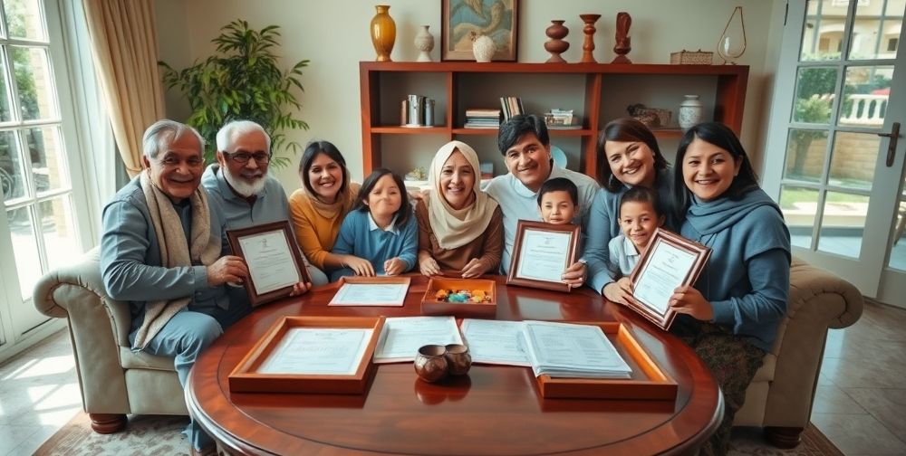 A multi-generational Persian family sitting together in a bright living room, with framed certificates and life insurance policies on the table. Smiling children, parents, and grandparents express relief and hope.