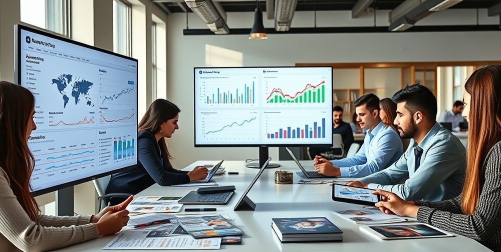 A digital marketing scene with Persian business professionals analyzing accounting dashboards, smartphones displaying analytics apps, pamphlets, and digital ads, all set in a sleek modern co-working space.