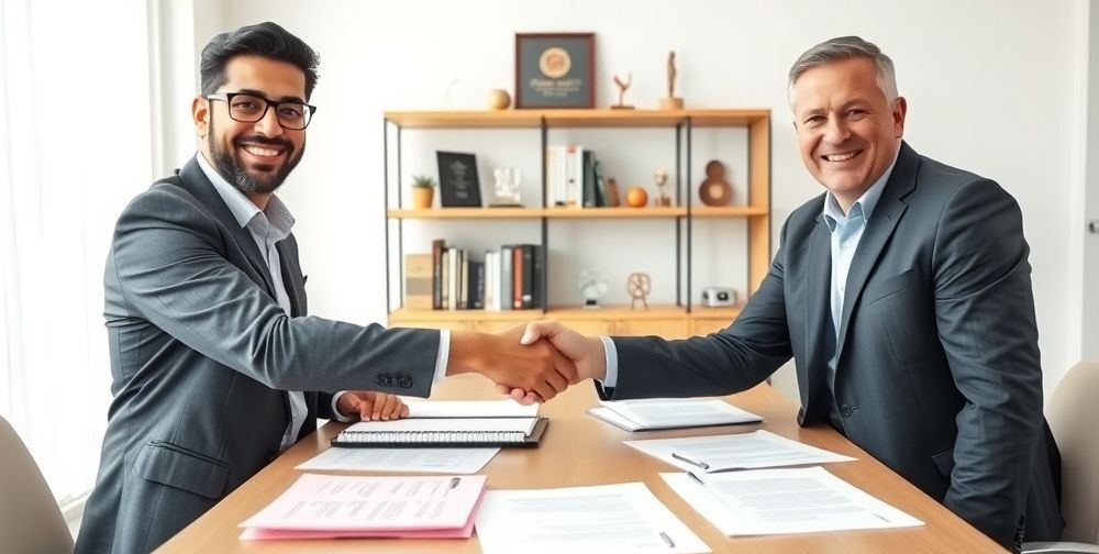 A Persian accountant shaking hands with a satisfied small business owner in a bright office, papers and agreement forms on the desk, both smiling confidently, with awards on the shelf.