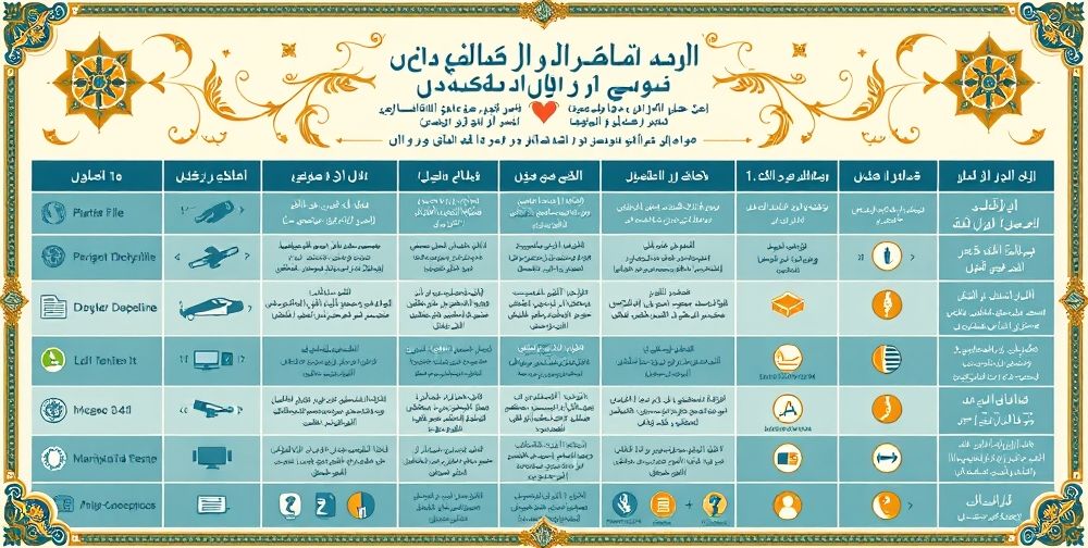 A detailed Persian infographic table displaying the tax declaration steps, critical deadlines, required documents for individuals and legal entities. Includes icons for digital submission, penalties, and financial health.