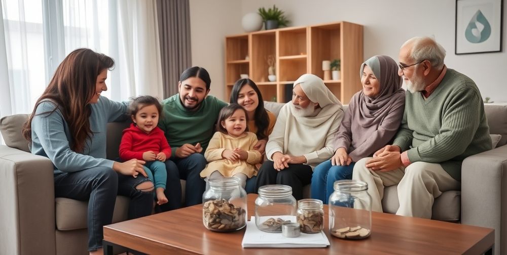 A scene showing Iranian families in different life stages—from young couples with children to grandparents—interacting warmly in a modern living room, symbolic of safety and future security, with life insurance documents and savings jars visible on a coffee table.