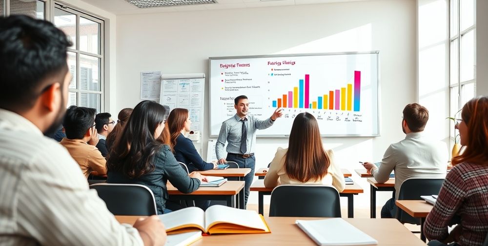 A classroom scene with Iranian adults and teenagers attentively learning about personal finance, charts on the board illustrating budgeting, savings, and diverse careers. The teacher enthusiastically points to a colorful bar graph showing growth over time, and textbooks are open on each desk.