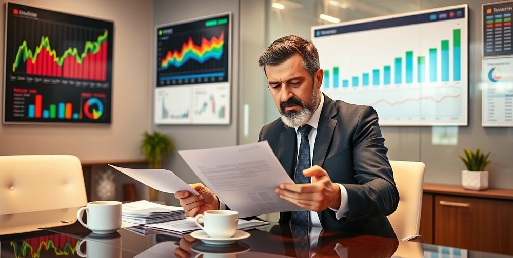 An experienced Iranian tax consultant is attentively helping a small business owner review documents and accounting reports in a modern office with financial charts on the wall and a cup of tea on the desk. Both appear engaged and reassured.