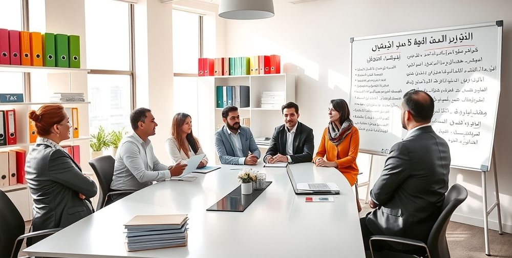 A vibrant office setting with multiple folders labeled "Tax" and "Consulting" in Persian, professional advisors explaining tax benefits to a group of Iranian entrepreneurs around a conference table, while a whiteboard shows key tax terms and planning strategies.