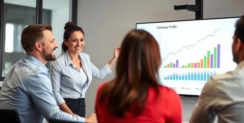 A confident businesswoman is showing her improved company profit chart on a screen during a team meeting. Charts and graphs indicate financial growth, while colleagues exchange congratulatory smiles, highlighting the impact of expert tax consulting.