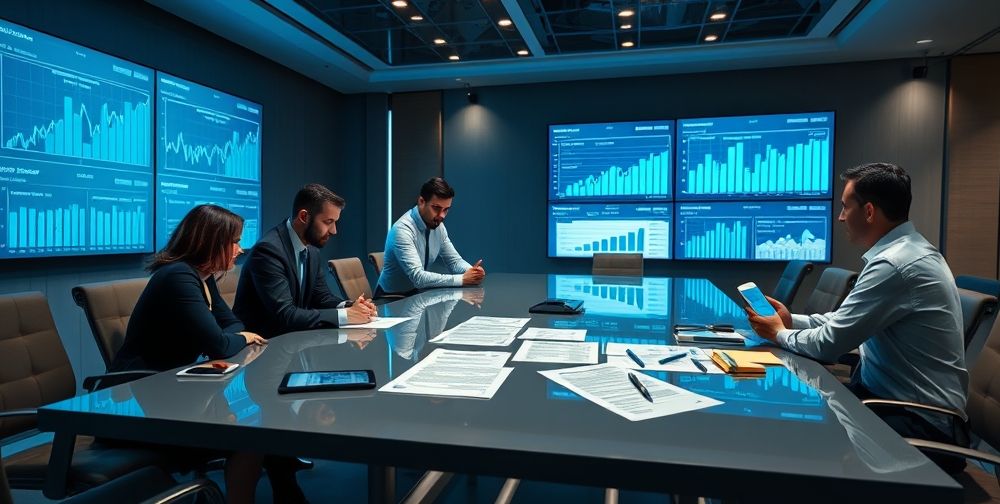 Investment professionals in a boardroom with real-time risk analysis charts displayed on large screens, legal documents on the table, and digital devices showcasing contract terms and startup performance metrics. The atmosphere should capture the seriousness and strategic thinking behind investment risk mitigation in startups.