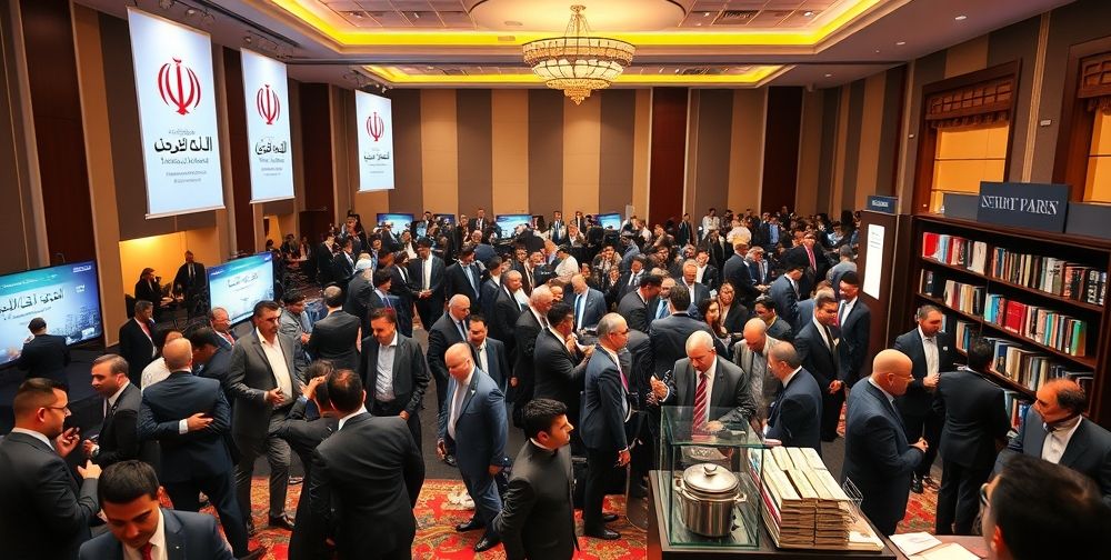A dynamic conference hall filled with Persian accounting professionals in smart attire, engaging in lively discussions and networking. Large banners display Iranian financial association logos, and elegant tea service is available near book stands featuring the latest accounting literature.