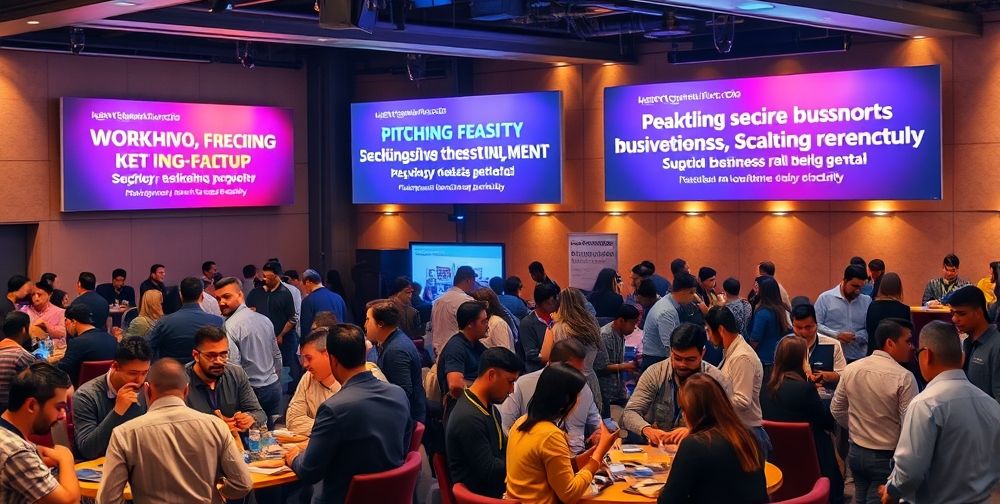 A busy Iranian startup networking event, with founders discussing passionately at small tables, exchanging business cards, and sharing experiences. Bright banners list workshop topics about pitching, investment psychology, and growth.