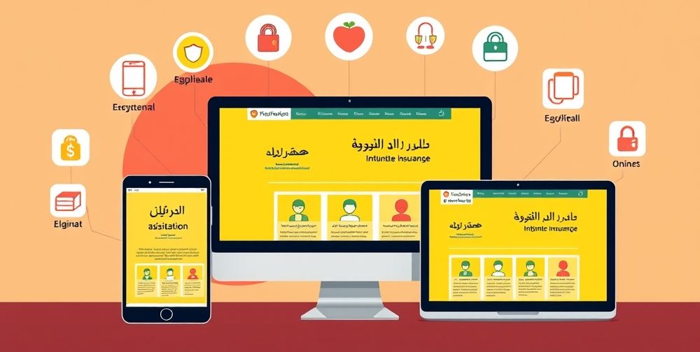 A creative illustration showing a desktop computer, smartphone, and tablet displaying user-friendly Persian insurance websites. Around the screens are icons of digital support, customer service, and data security, signifying the ease and reliability of buying life insurance online.
