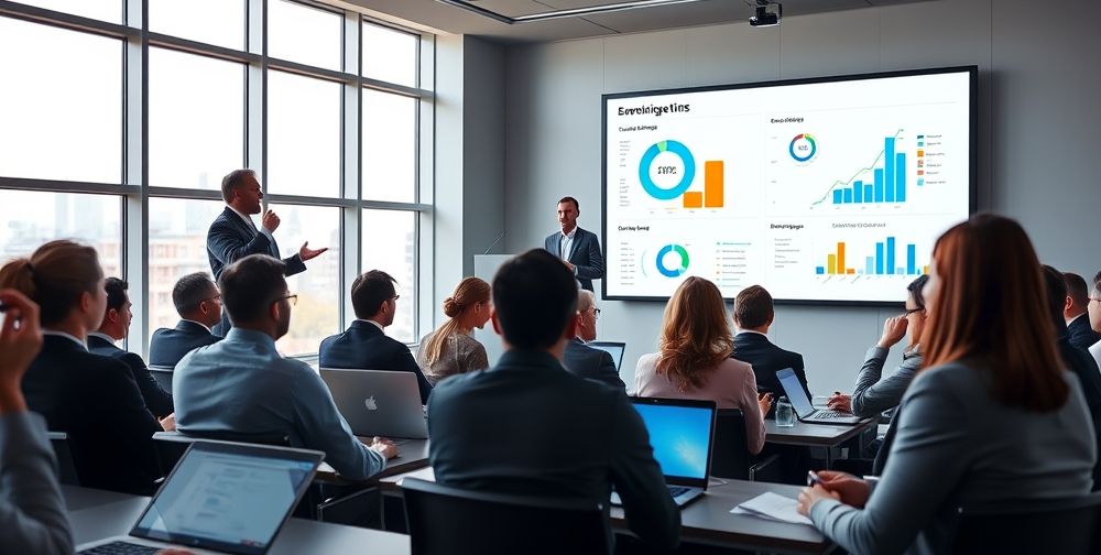A conference setting with professionals discussing modern accounting, digital dashboards projected on a large screen, charts showing cloud-based platforms, and a speaker pointing at technological trends in accounting. The room is filled with attentive people, some taking notes on laptops, creating a sense of industry collaboration.