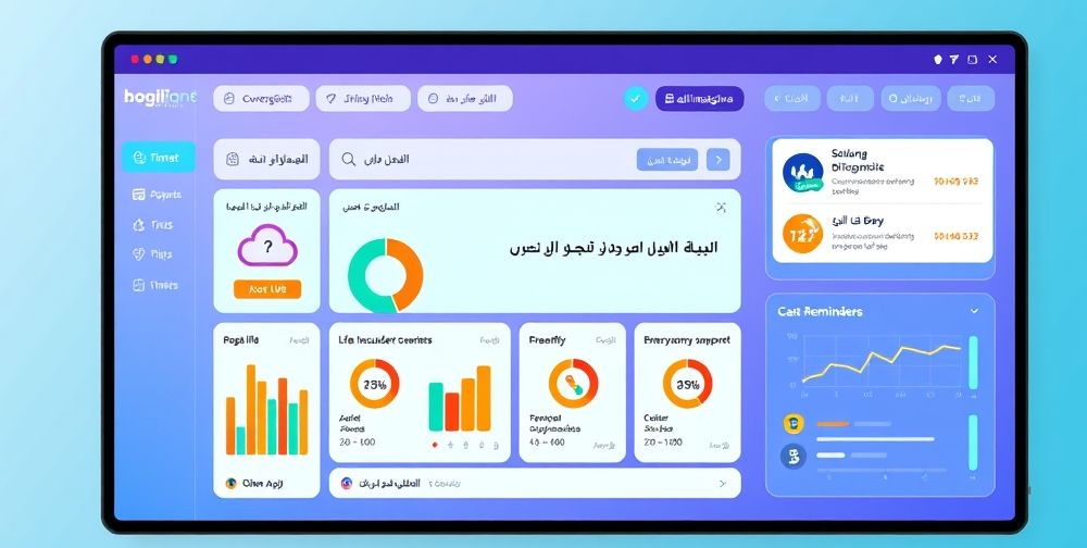 A digital dashboard open on a Persian-language insurance website, displaying different life insurance plans, colorful infographics showing coverage benefits and payment schedules. Surrounding, a friendly online chat window and reminder notifications, reflecting user support and transparency.