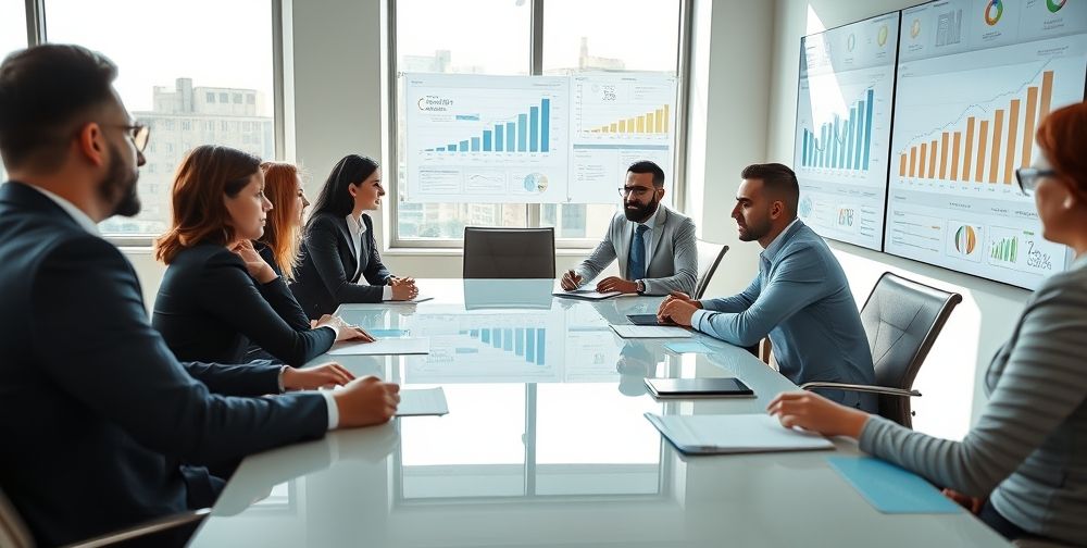 A detailed scene of a professional Iranian accountant consulting with diverse clients across a modern conference table, digital dashboards illustrating financial growth on wall screens, all within an inspiring, sunlit office.