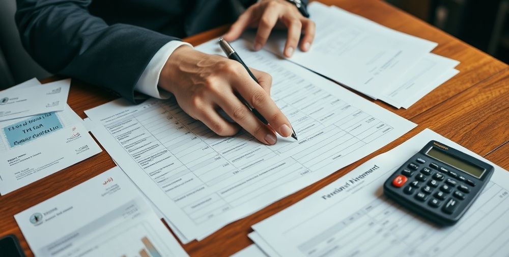 A close-up of a professional Persian accountant’s hand reviewing financial ledgers, surrounded by organized receipts, stamps, and a calculator on a polished wooden desk, symbolizing trustworthy tax management in Iran.