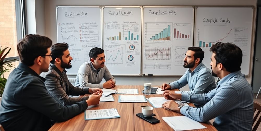 A thoughtful meeting scene inside a Persian tech company, where startup founders discuss financial documents with experienced mentors, investment contracts between them, whiteboards filled with diagrams and growth charts, radiating an atmosphere of trust and collaboration.