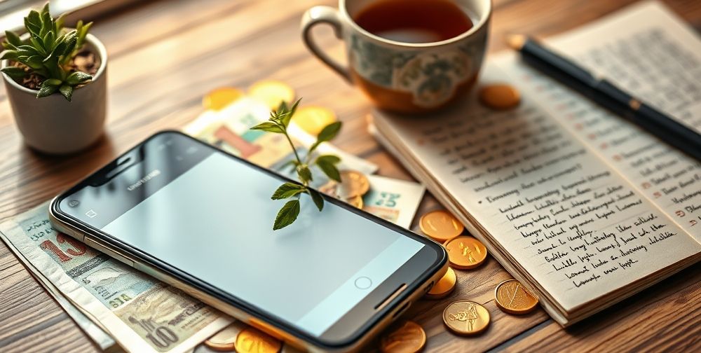 A close-up of Iranian currency notes, gold coins, and a smartphone showing a stocks portfolio app. Background includes a small potted plant, a cup of tea, and a notebook with hand-written investment plans.