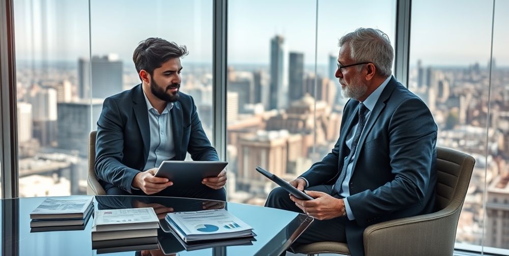 A visually striking scene showing a startup founder receiving mentorship from a seasoned venture capitalist in a bright, glass-walled office. Business books, digital graphs on tablets, and a city skyline give a sense of forward-thinking innovation and supportive guidance.