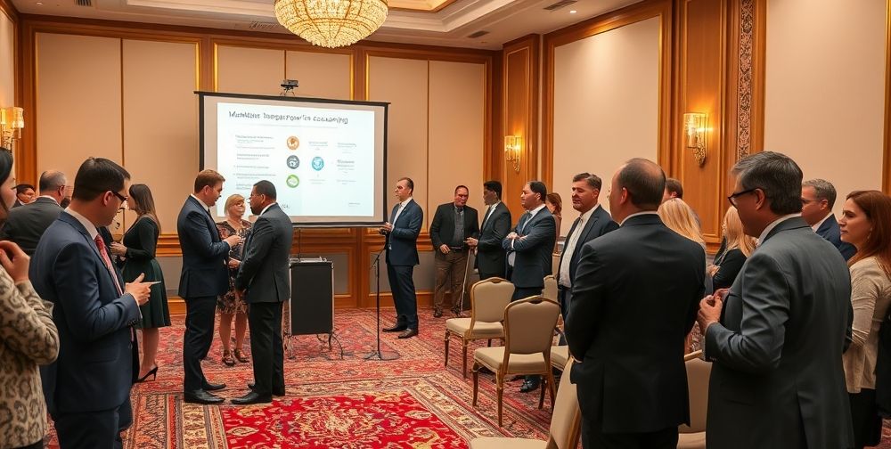 A Persian business seminar with professionals networking, a presentation screen showing an infographic of marketing strategy for accounting, people exchanging business cards, classic Persian rugs on the floor, upscale environment.
