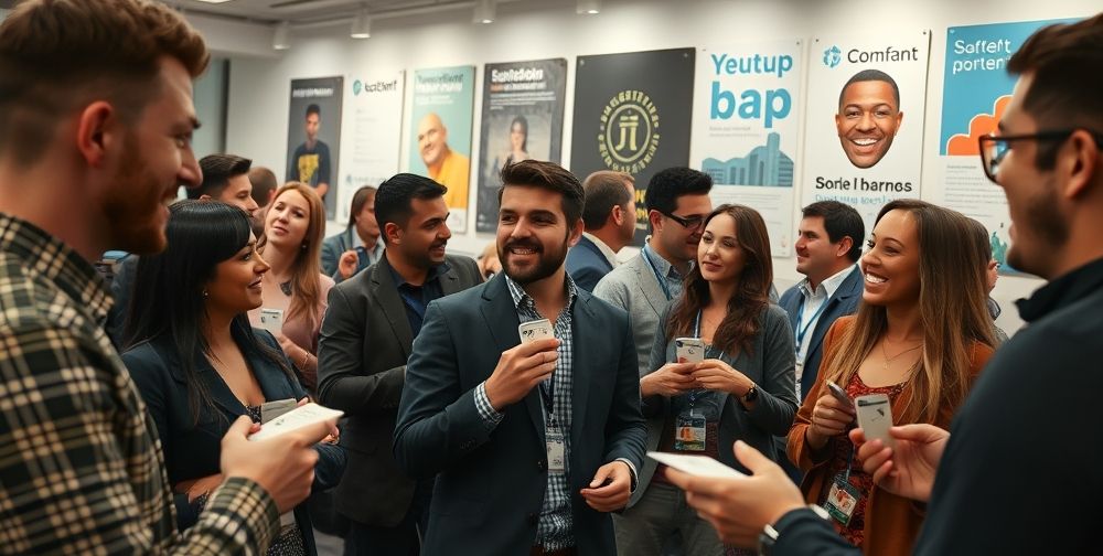 A close-up shot of a lively networking event for startup founders, with men and women of diverse backgrounds exchanging business cards and lively discussions in a stylish co-working space, walls decorated with startup posters and tech gadgets under soft lighting.