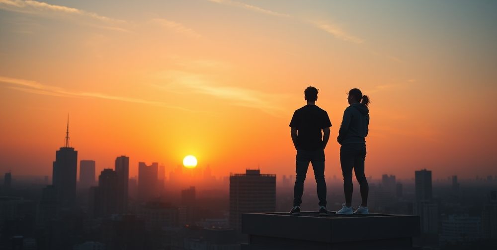 A hopeful sunrise over a skyline of startup office buildings, silhouettes of young founders standing atop one rooftop, gazing optimistically toward the horizon, representing opportunity and dynamic future in entrepreneurship.