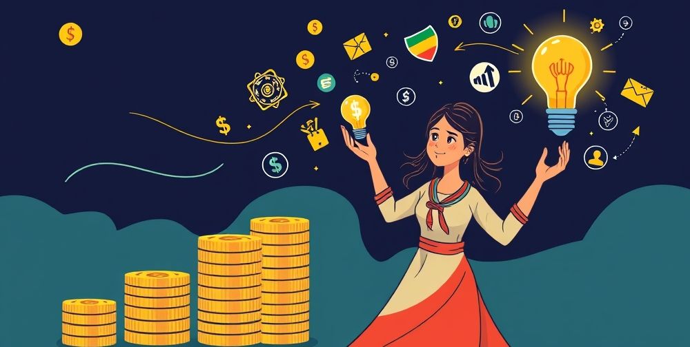 A dynamic illustration showing the financial growth journey: stacks of gold coins, a young Iranian woman holding a lightbulb, icons of technology and creativity swirling around her, symbolizing the synergy of innovation and wealth.