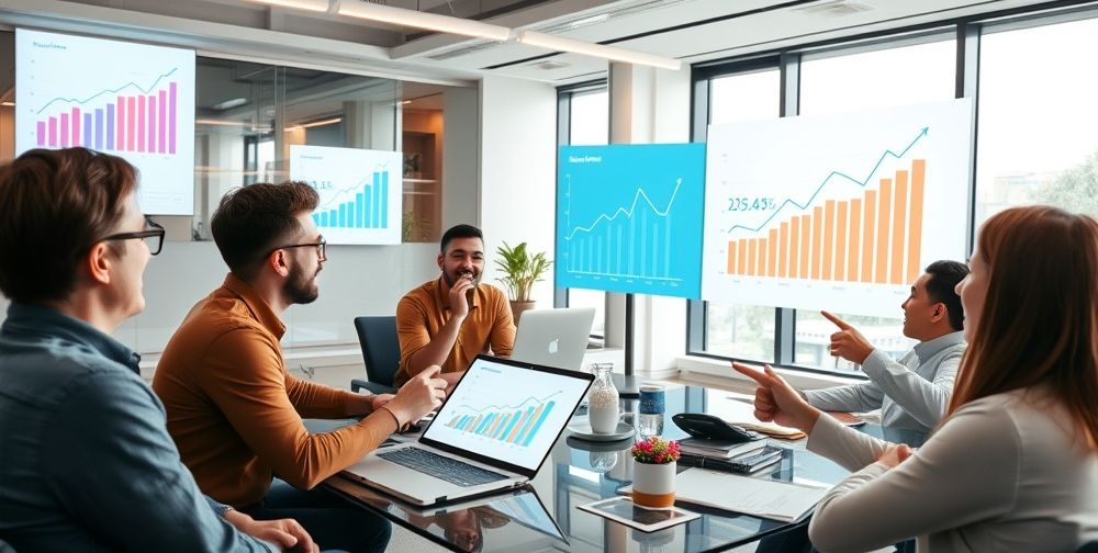 A dynamic startup team giving a presentation to angel investors in a modern office, digital screens show projected sales growth, energetic brainstorming with charts, graphs, and hands pointing at financial milestones.