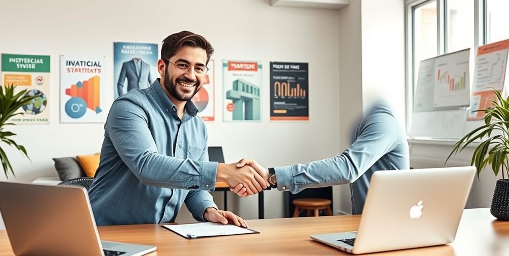 A confident investor shaking hands with a startup founder over a signed contract, both smiling in a bright office lined with inspirational startup posters, financial graphs visible on laptops and whiteboards.