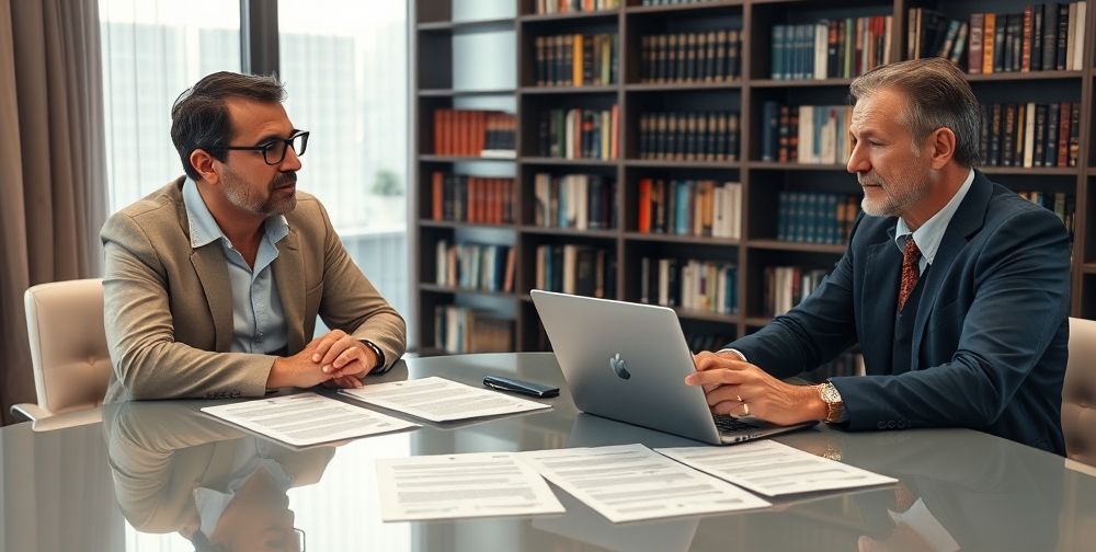 An experienced investor and a startup founder sit at a table with legal documents, a laptop open showing shareholding agreements, and a calm, professional atmosphere. A bookshelf with business and law books in the background hints at expertise.