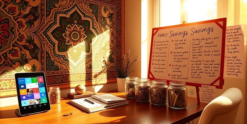 A dynamic workspace with Persian inspirational wall art, a sleek smartphone displaying savings apps, family-saving jars, and a vision board with clear notes about financial goals. Afternoon sunlight streams through, symbolizing hope, growth, and prudent planning.