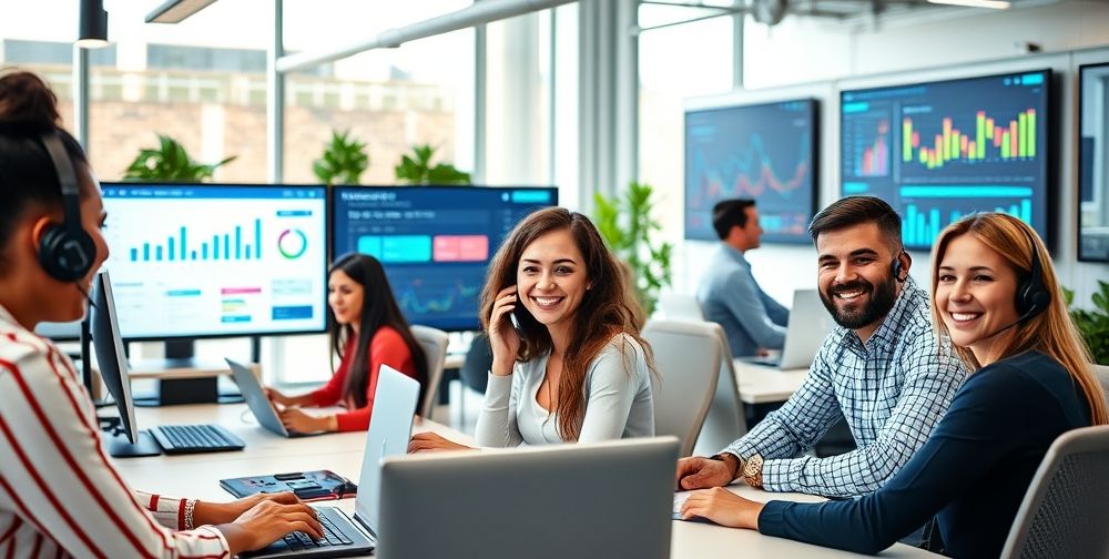 A vibrant office setting with support representatives engaged in phone calls, video chats, and in-person consultations. In the background, screens display real-time analytics dashboards and infographics. Customers are shown smiling and confidently interacting, conveying the seamless support and education provided.