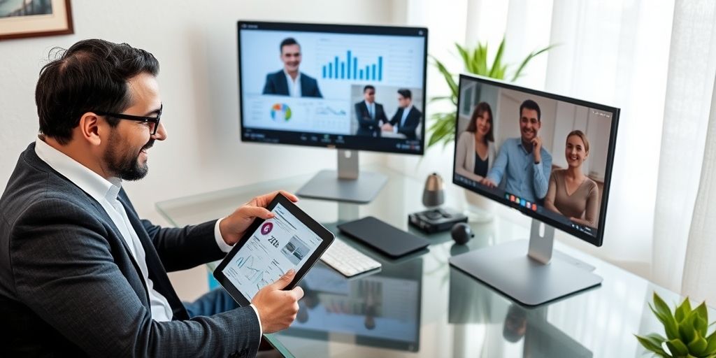 A business owner in Tehran happily reviewing financial reports on a tablet while an outsourced accounting team works remotely, shown through a video call interface with clear financial charts.