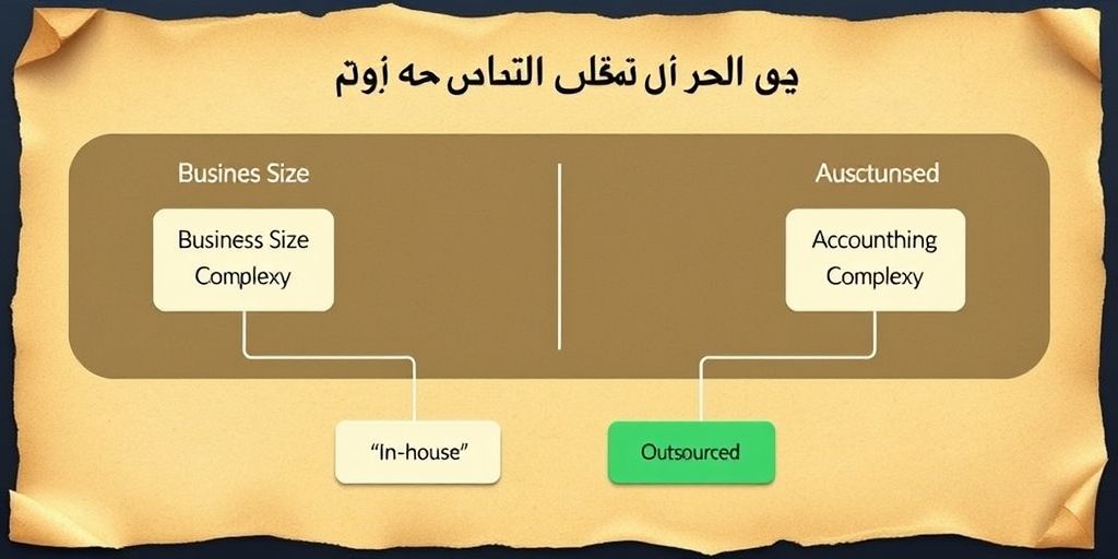 A decision flowchart in Persian showing business size vs accounting complexity, with paths leading to "in-house" or "outsourced" solutions, on a parchment-style background.