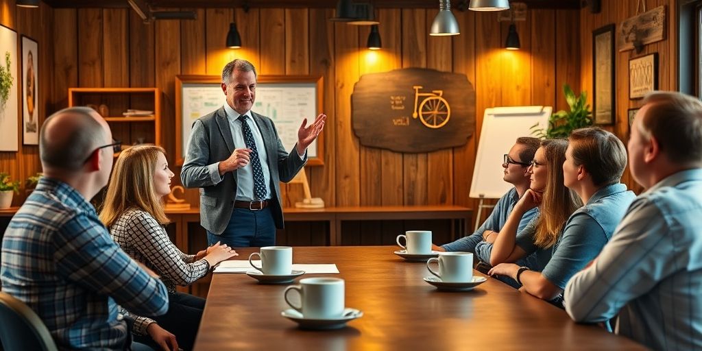 An experienced accountant presenting key financial strategies to attentive small business owners in a cozy local workshop setting, with flip charts and coffee cups on the table, evoking community and expertise.