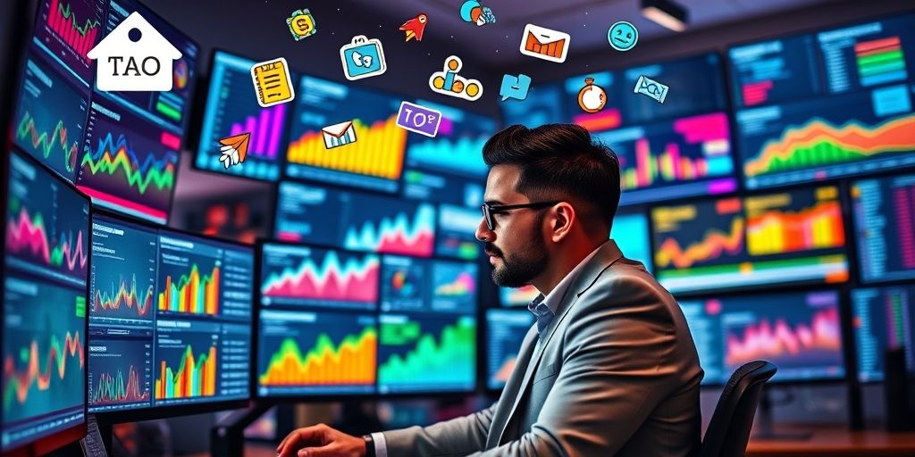 A focused digital marketer analyzing real-time SEO and social media engagement metrics on multiple screens, with icons representing accounting services like tax, bookkeeping, and auditing floating above.