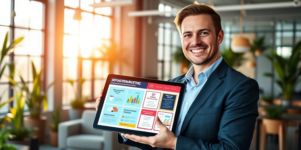 A modern, visually appealing infographic on a tablet screen, summarizing key innovative accounting marketing techniques like referral programs, free consultations, and strategic partnerships, held by a smiling accountant in a collaborative workspace.