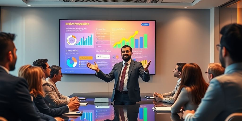 An Iranian accountant presenting innovative marketing strategies on a digital screen to diverse clients, with infographics showing market growth and mobile notifications in Persian