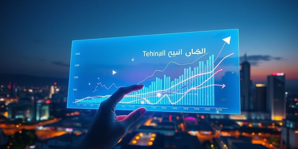 A futuristic holographic interface displaying financial growth charts in Persian, with hands interacting with digital data streams against Tehran skyline