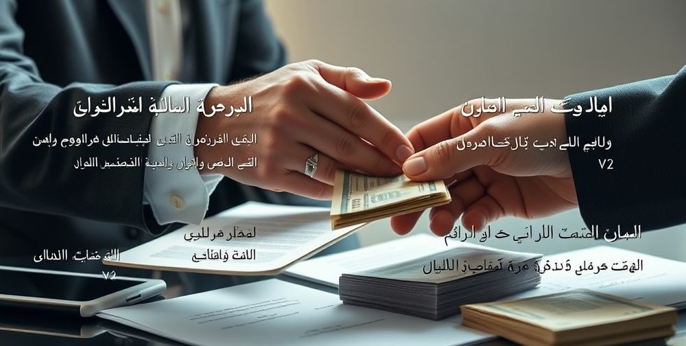 Close-up of hands exchanging contracts and money, highlighting financial agreements in the insurance industry with detailed Persian text annotations on commission tiers and agent payments.