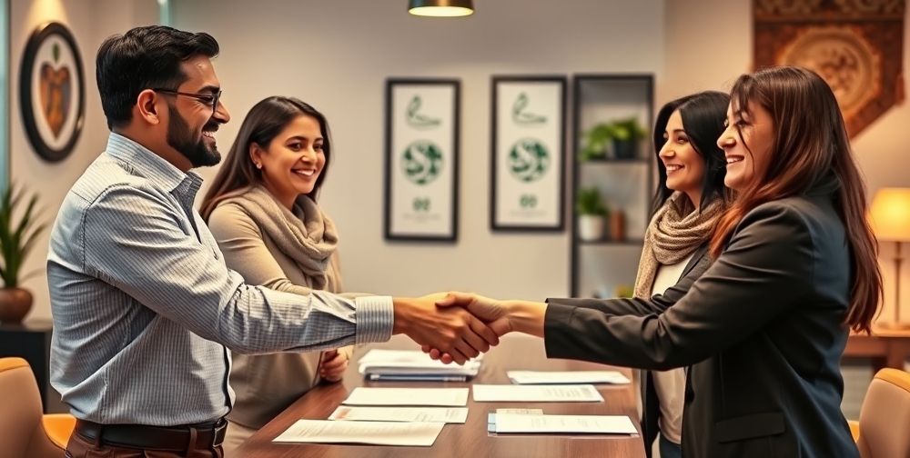 A satisfied Persian family shaking hands with an insurance agent, surrounded by policy documents and smiling, symbolizing trust and fair commission agreements in life insurance.