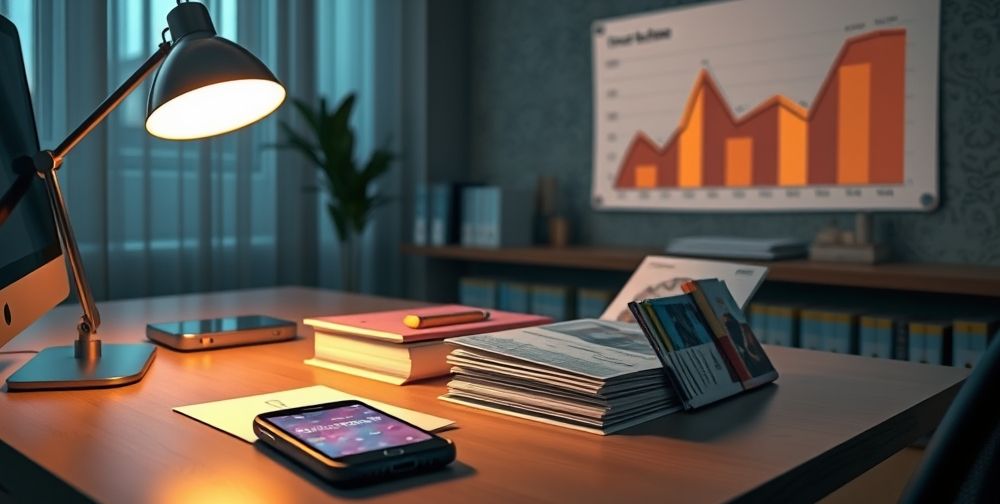 A detailed scene of an Iranian sales agent working late, illuminated desk with insurance brochures, smartphone showing clients’ messages, and a digital chart indicating slow sales growth, visualized in a modern Persian setting.