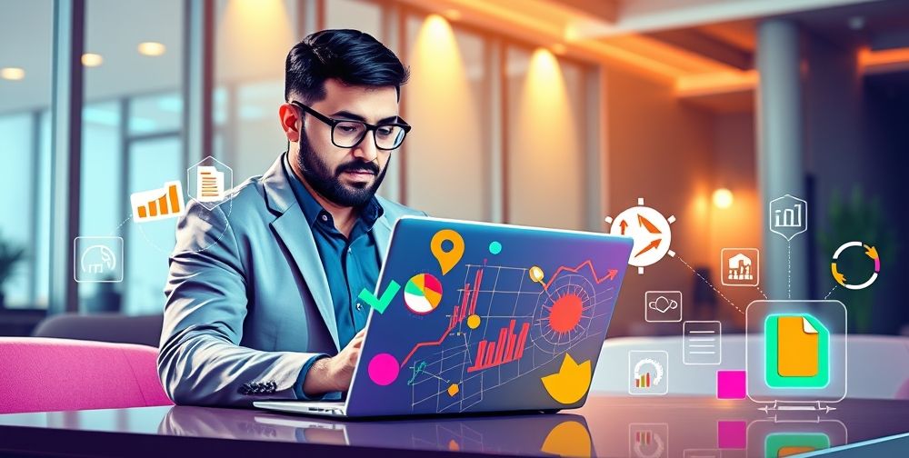 A visually striking illustration showing an Iranian sales agent on a laptop, attending an online training session, with icons of charts, digital tools, and a virtual insurance platform interface, all rendered in vibrant colors.
