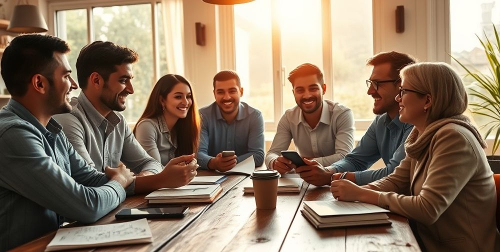 A warm, inspirational scene showing a diverse group of Iranian insurance agents sharing success stories at a cozy coffee shop, sunlight streaming through windows, notebooks and mobile devices visible, friendly smiles and teamwork atmosphere.