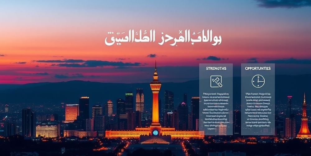 A modern infographic blending Persian typography with icons representing Strengths, Weaknesses, Opportunities, and Threats, with a focus on startup and technology visuals against a Tehran skyline backdrop, perfect for an educational business article.