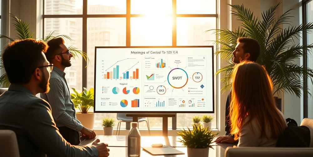 A high-resolution shot of a Middle Eastern business meeting in a bright office, with Persian men and women discussing business charts and SWOT diagrams projected on a smartboard, highlighting lively conversation and team decision making.