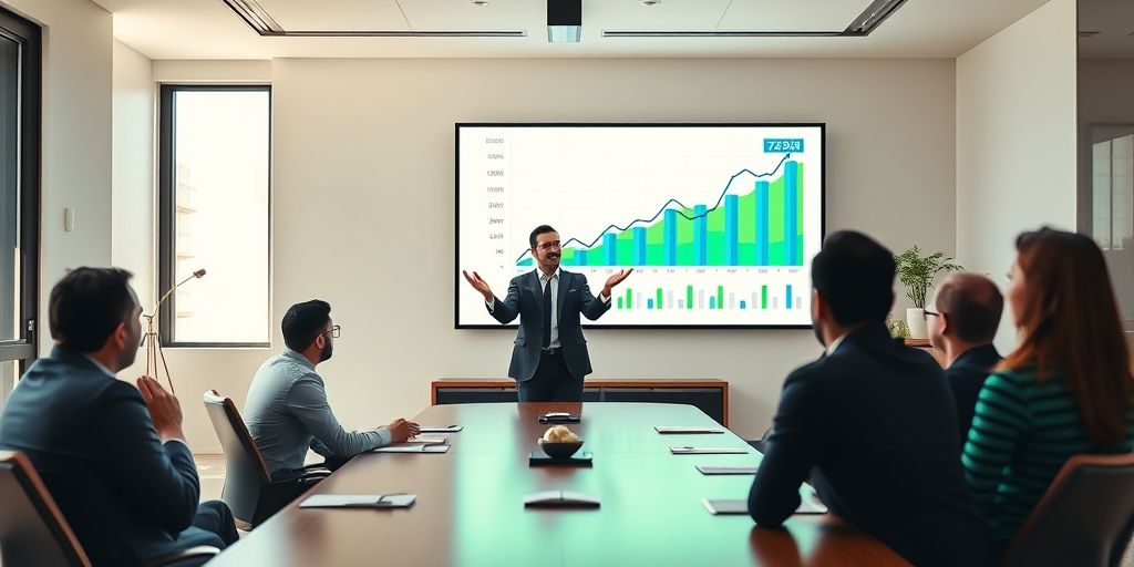 An Iranian entrepreneur presenting a financial growth chart to potential investors, with modern graphs showing upward trends and investment opportunities, in a professional meeting room setting.