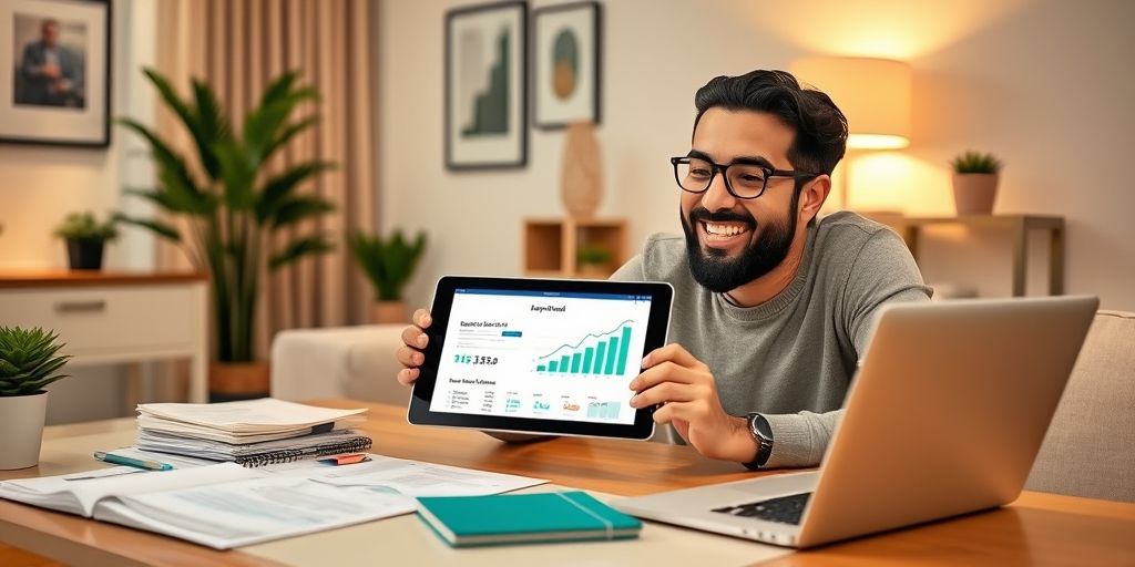 A Persian business owner smiling while reviewing a loan approval on a tablet, with financial documents and a laptop showing growth charts in a well-organized home office.