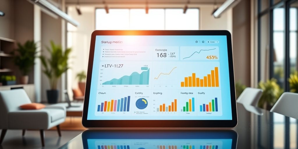 A modern dashboard on a tablet screen displaying real-time startup metrics like LTV:CAC ratio, churn rate, and monthly growth, with colorful graphs and charts against a sleek office background.