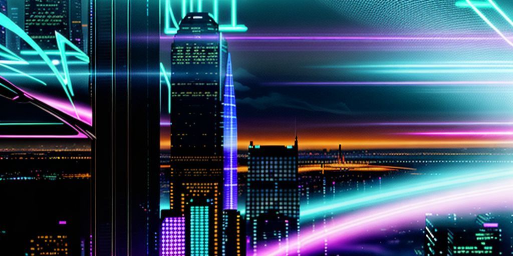Futuristic city skyline with glowing digital financial data streams connecting buildings, representing AI-powered, blockchain-secured, and highly personalized financial services of tomorrow, neon lights, cyberpunk aesthetic.